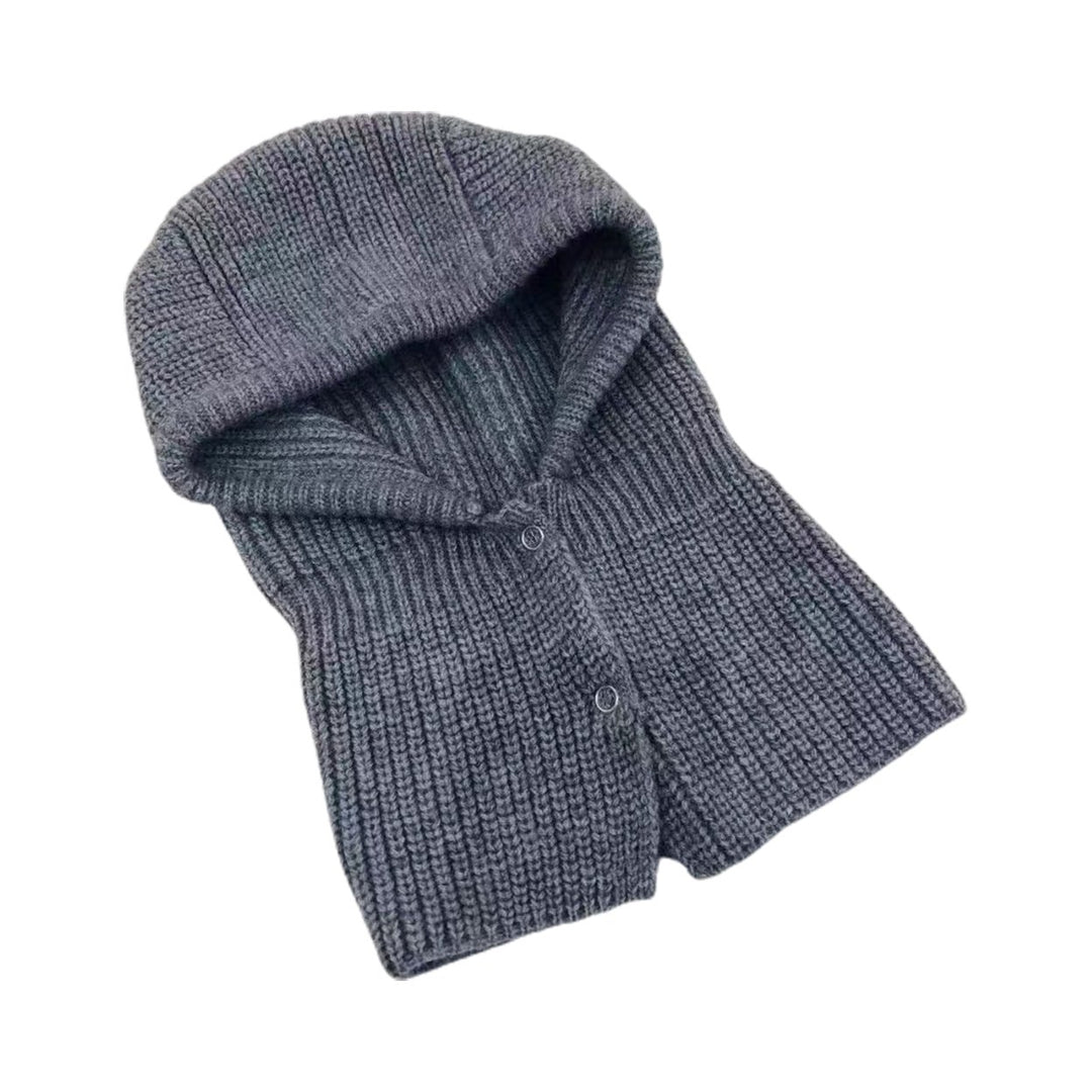 Women Balaclava Scarf One Piece Solid Color Button Placket Knitted Thicken Keep Warm Elastic Casual Outdoor Hat Scarf Image 10