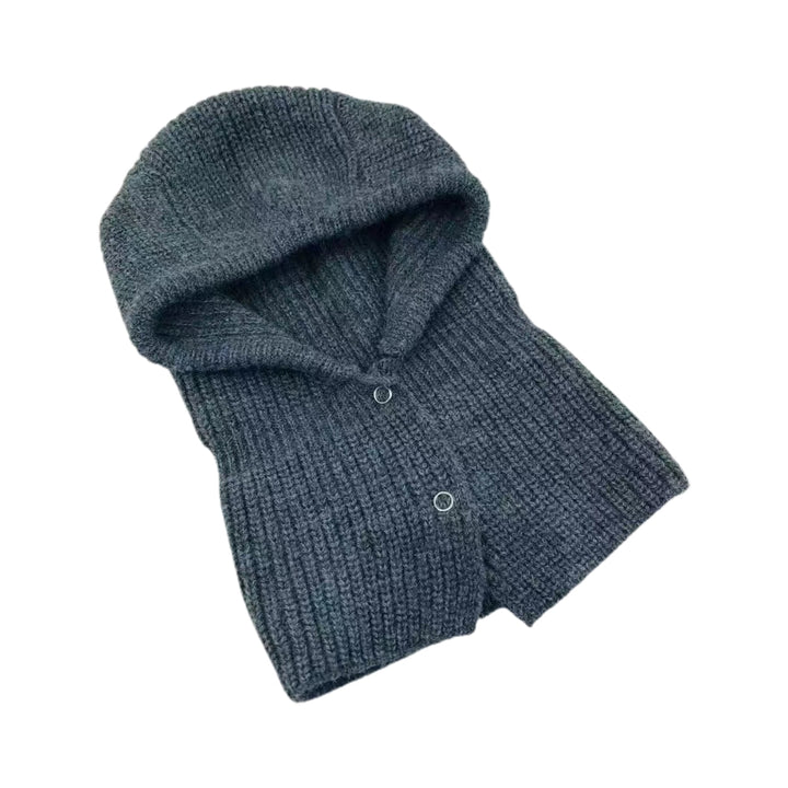 Women Balaclava Scarf One Piece Solid Color Button Placket Knitted Thicken Keep Warm Elastic Casual Outdoor Hat Scarf Image 11