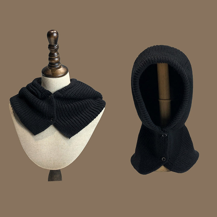 Women Balaclava Scarf One Piece Solid Color Button Placket Knitted Thicken Keep Warm Elastic Casual Outdoor Hat Scarf Image 12