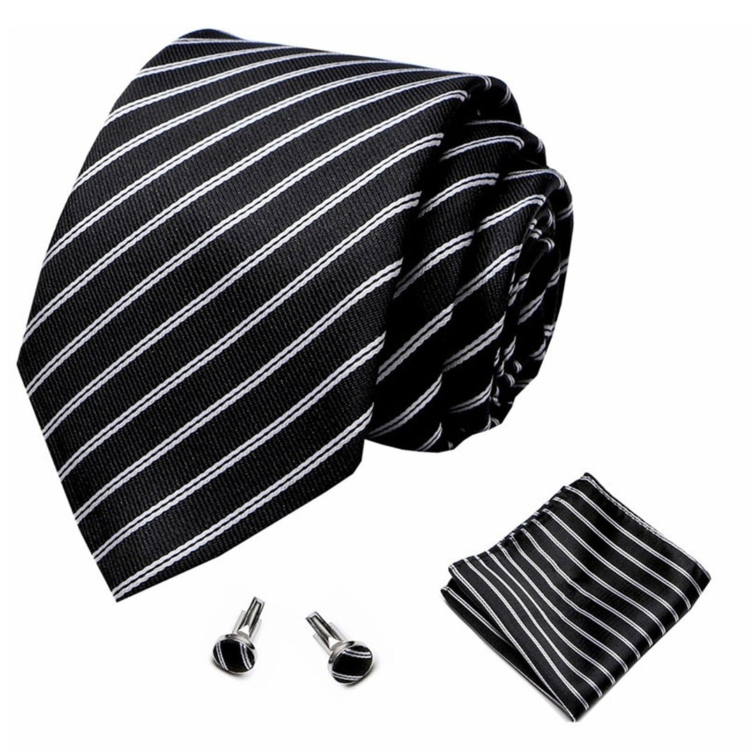 1 Set Men Tie Fashion Pattern Striped Formal Arrowhead Type Exquisite Silk-like Looking Tie Cufflinks Pocket Squares Image 1