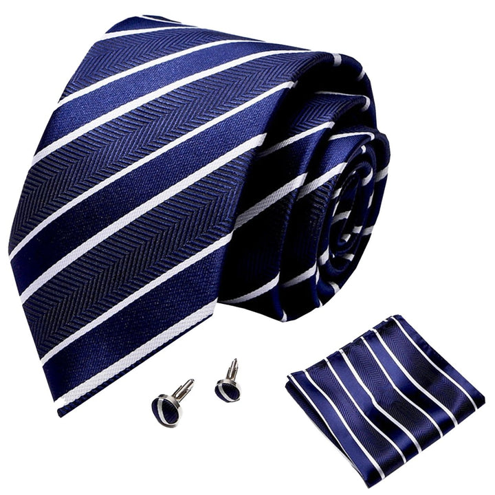 1 Set Men Tie Fashion Pattern Striped Formal Arrowhead Type Exquisite Silk-like Looking Tie Cufflinks Pocket Squares Image 1