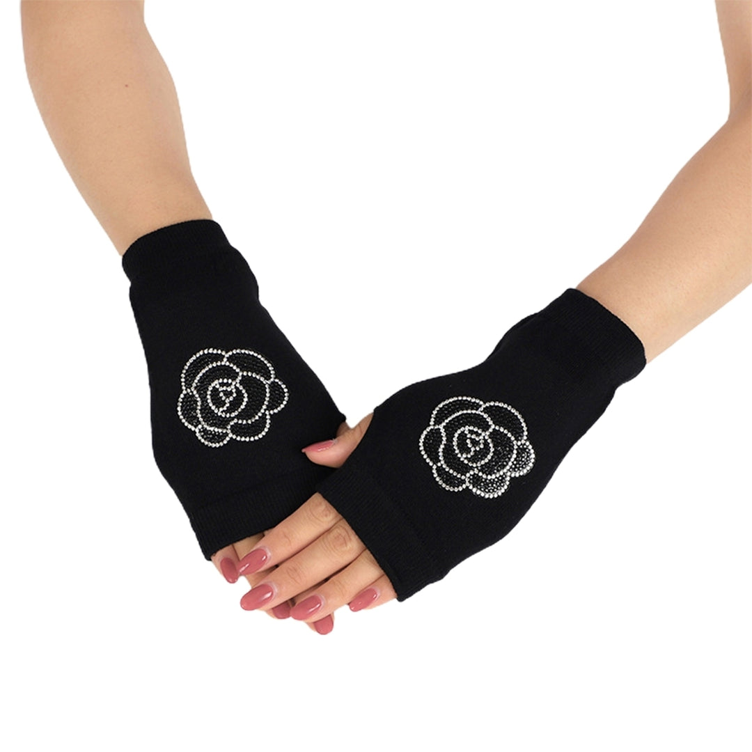 1 Pair Women Gloves Rhinestone Fingerless Half Finger Thumb Hole Black Stretchy Autumn Winter Adults Image 2