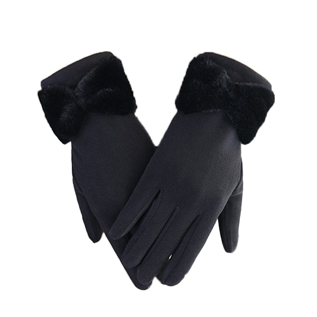 1 Pair Bowknot Decor Thickened Solid Color Women Gloves Autumn Winter Double-sided Fleece Touch Screen Driving Gloves Image 1