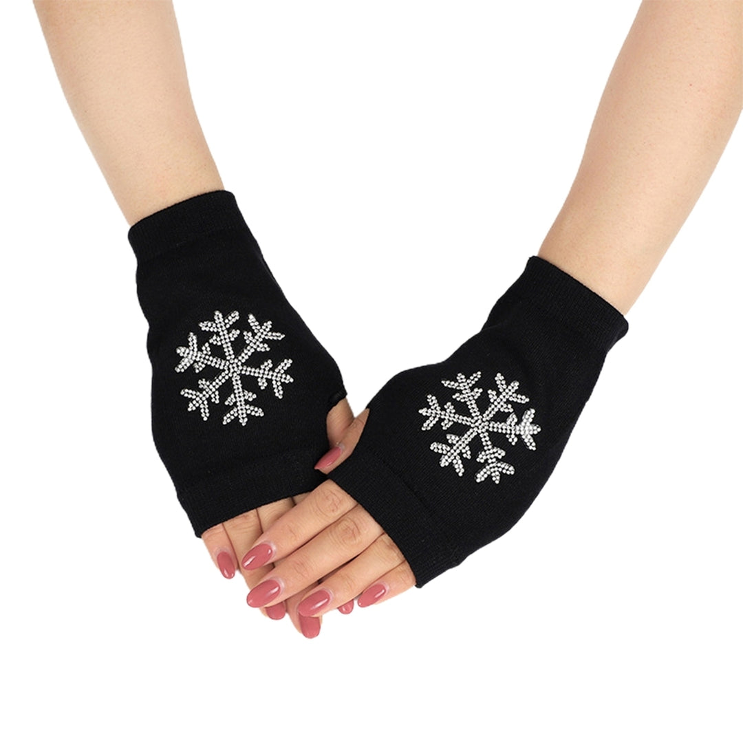 1 Pair Women Gloves Rhinestone Fingerless Half Finger Thumb Hole Black Stretchy Autumn Winter Adults Image 3
