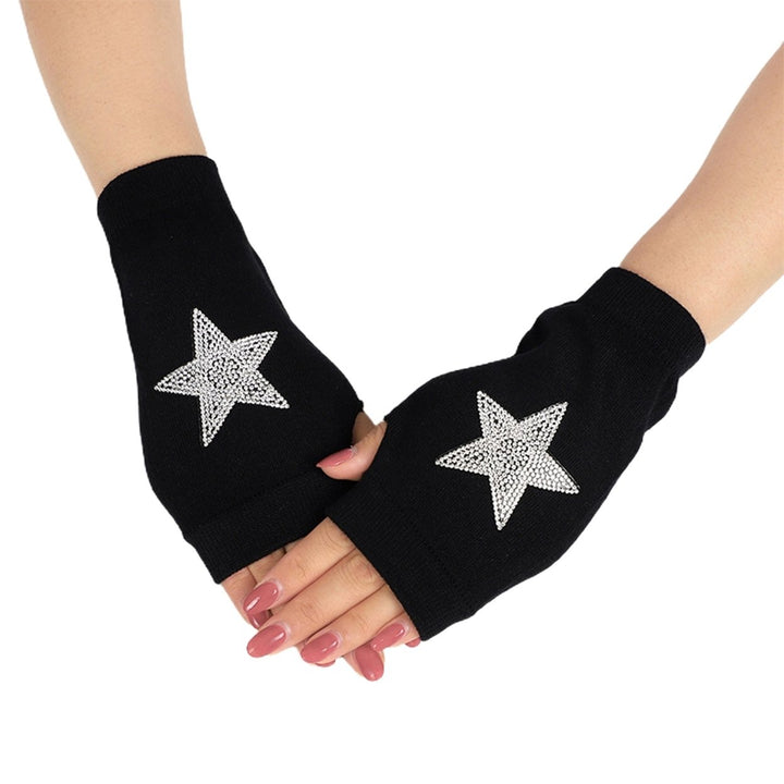 1 Pair Women Gloves Rhinestone Fingerless Half Finger Thumb Hole Black Stretchy Autumn Winter Adults Image 1