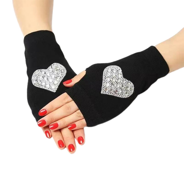 1 Pair Women Gloves Rhinestone Fingerless Half Finger Thumb Hole Black Stretchy Autumn Winter Adults Image 1