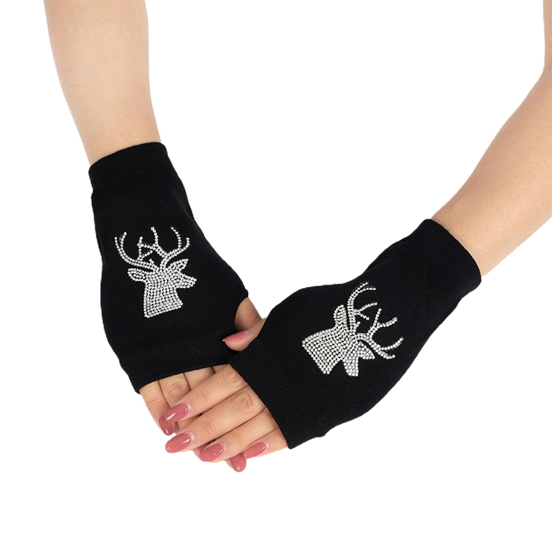 1 Pair Women Gloves Rhinestone Fingerless Half Finger Thumb Hole Black Stretchy Autumn Winter Adults Image 1