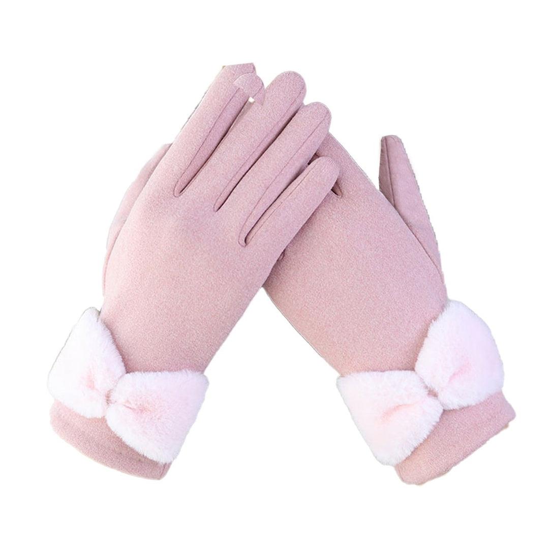 1 Pair Bowknot Decor Thickened Solid Color Women Gloves Autumn Winter Double-sided Fleece Touch Screen Driving Gloves Image 1