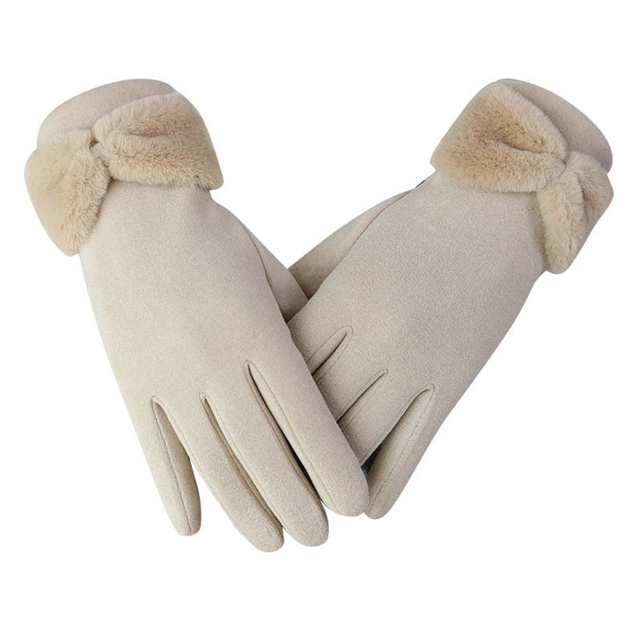 1 Pair Bowknot Decor Thickened Solid Color Women Gloves Autumn Winter Double-sided Fleece Touch Screen Driving Gloves Image 1