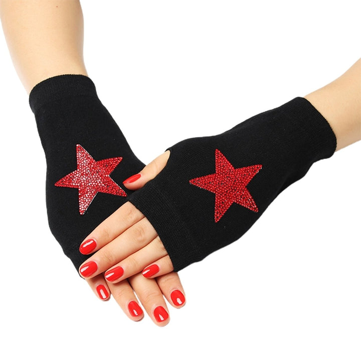 1 Pair Women Gloves Rhinestone Fingerless Half Finger Thumb Hole Black Stretchy Autumn Winter Adults Image 1