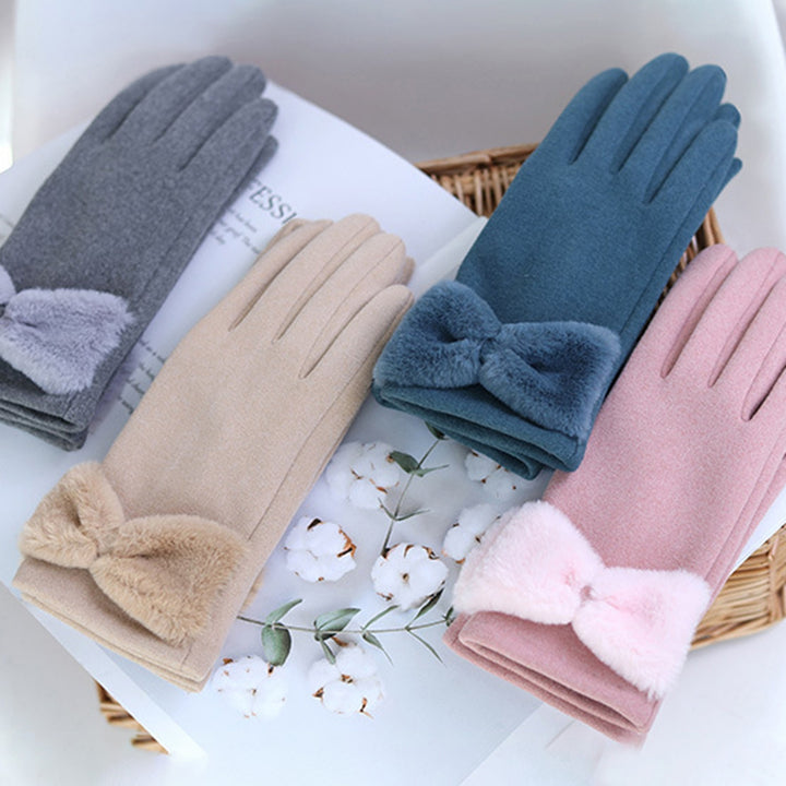 1 Pair Bowknot Decor Thickened Solid Color Women Gloves Autumn Winter Double-sided Fleece Touch Screen Driving Gloves Image 8