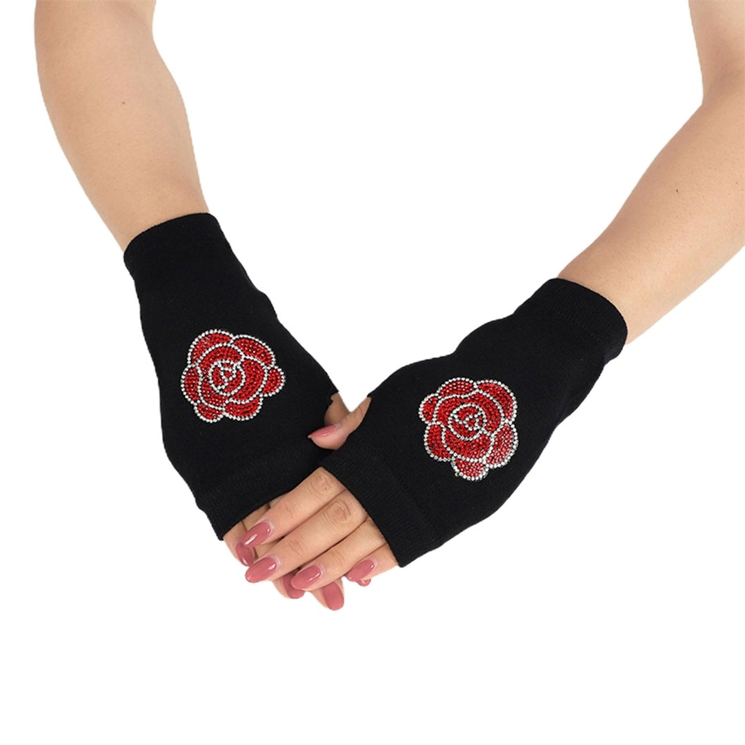 1 Pair Women Gloves Rhinestone Fingerless Half Finger Thumb Hole Black Stretchy Autumn Winter Adults Image 9