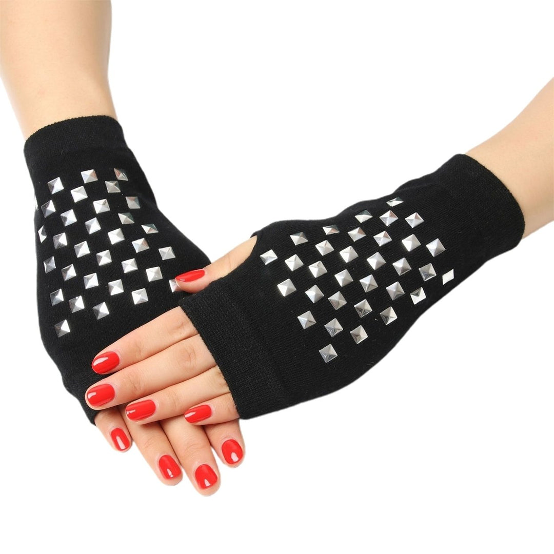 1 Pair Women Gloves Rhinestone Fingerless Half Finger Thumb Hole Black Stretchy Autumn Winter Adults Image 1