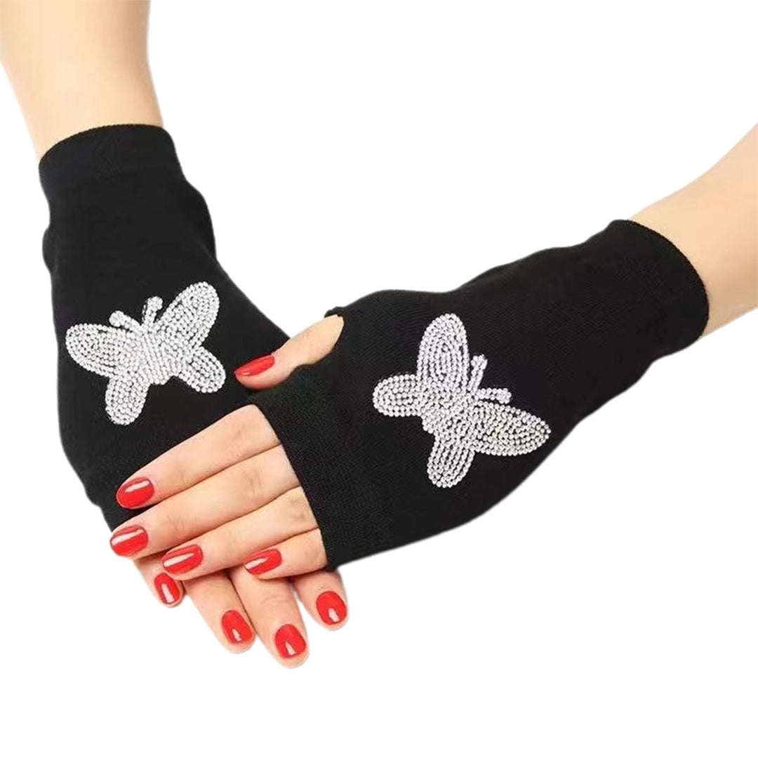 1 Pair Women Gloves Rhinestone Fingerless Half Finger Thumb Hole Black Stretchy Autumn Winter Adults Image 1