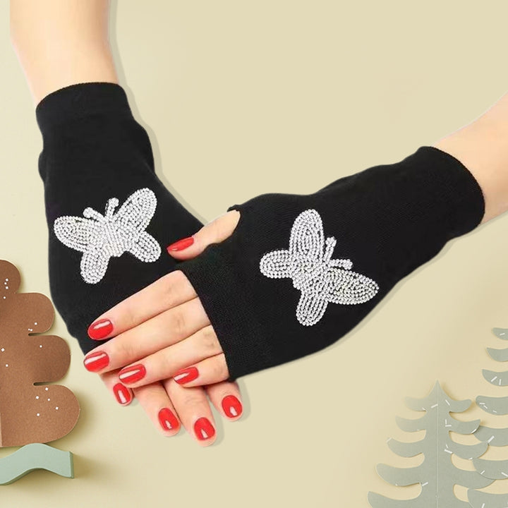 1 Pair Women Gloves Rhinestone Fingerless Half Finger Thumb Hole Black Stretchy Autumn Winter Adults Image 12