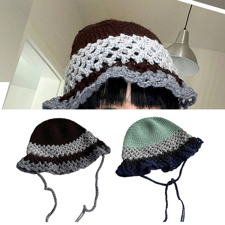 Round Dome Wide Brim Lace-up Knitted Hat Women Patchwork Color Hollow Crochet Bucket Hat Costume Accessories Image 2