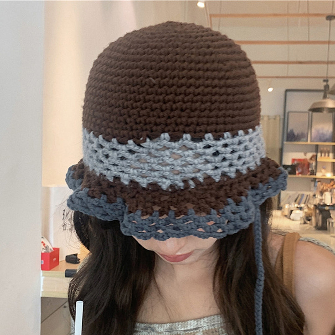 Round Dome Wide Brim Lace-up Knitted Hat Women Patchwork Color Hollow Crochet Bucket Hat Costume Accessories Image 3