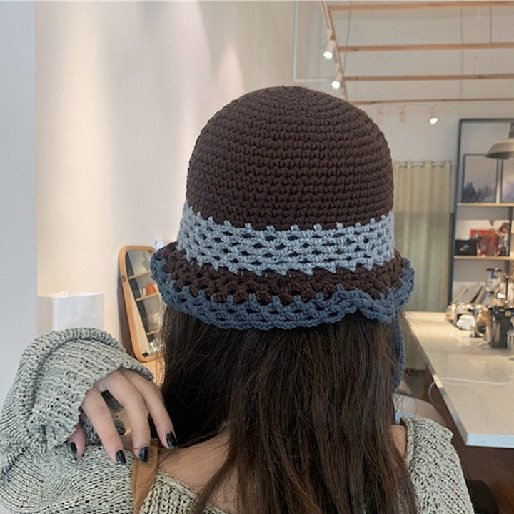 Round Dome Wide Brim Lace-up Knitted Hat Women Patchwork Color Hollow Crochet Bucket Hat Costume Accessories Image 4