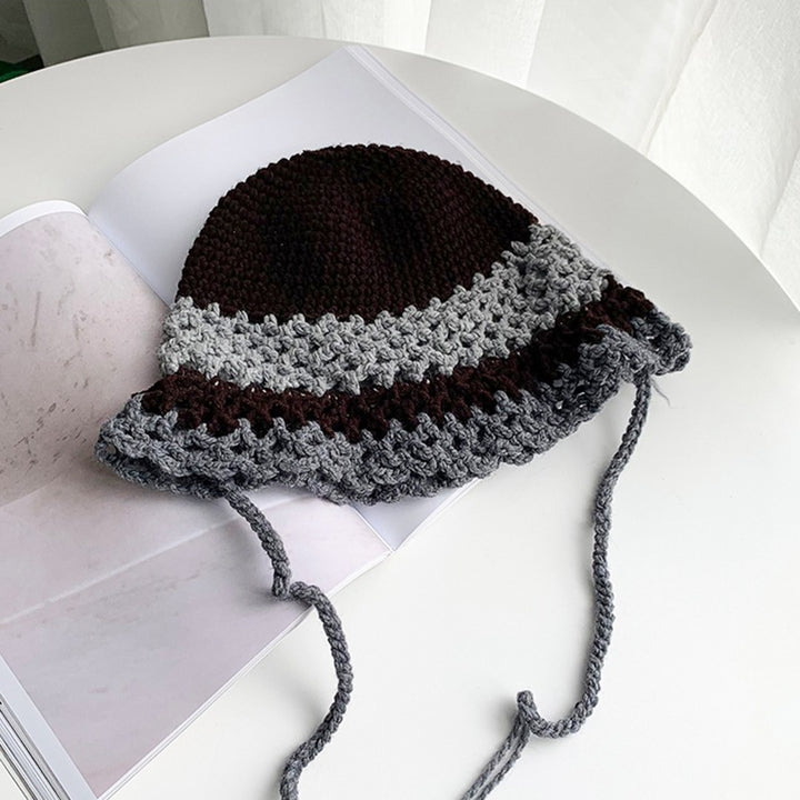 Round Dome Wide Brim Lace-up Knitted Hat Women Patchwork Color Hollow Crochet Bucket Hat Costume Accessories Image 7