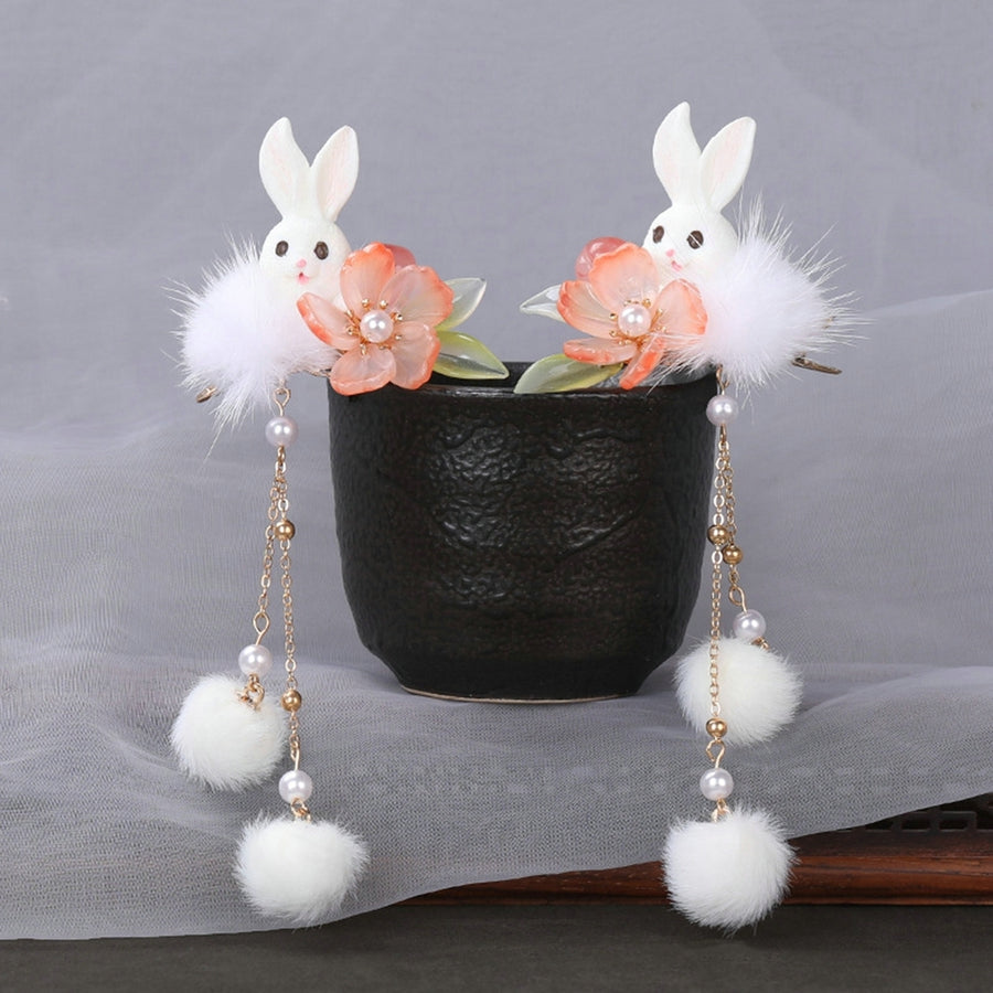 1 Pair Hanfu Hairpins Plush Ball Rabbit Decor Long Tassel Flower Chain Decorative Beads Anti-slip Cosplay Hanfu Image 1