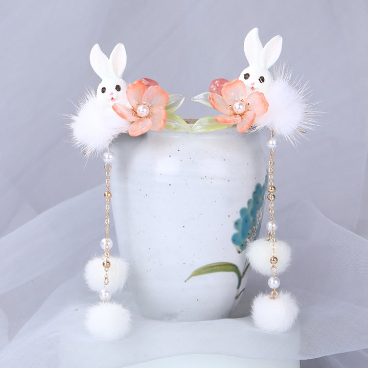 1 Pair Hanfu Hairpins Plush Ball Rabbit Decor Long Tassel Flower Chain Decorative Beads Anti-slip Cosplay Hanfu Image 3