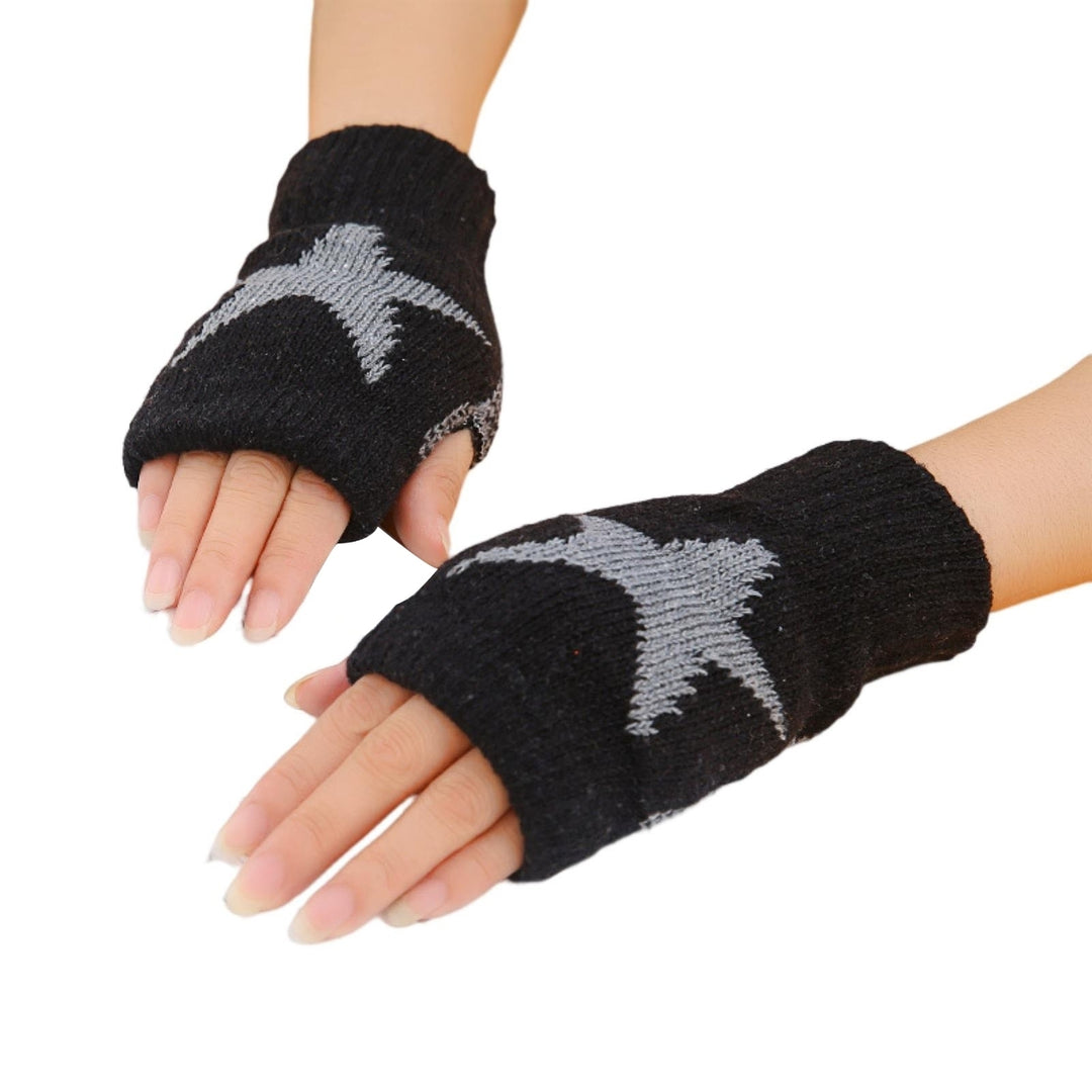 1 Pair Thumbhole Design Ribbed Trim High Elastic Knitted Gloves Unisex Winter Pentagram Print Fingerless Mittens Costume Image 10