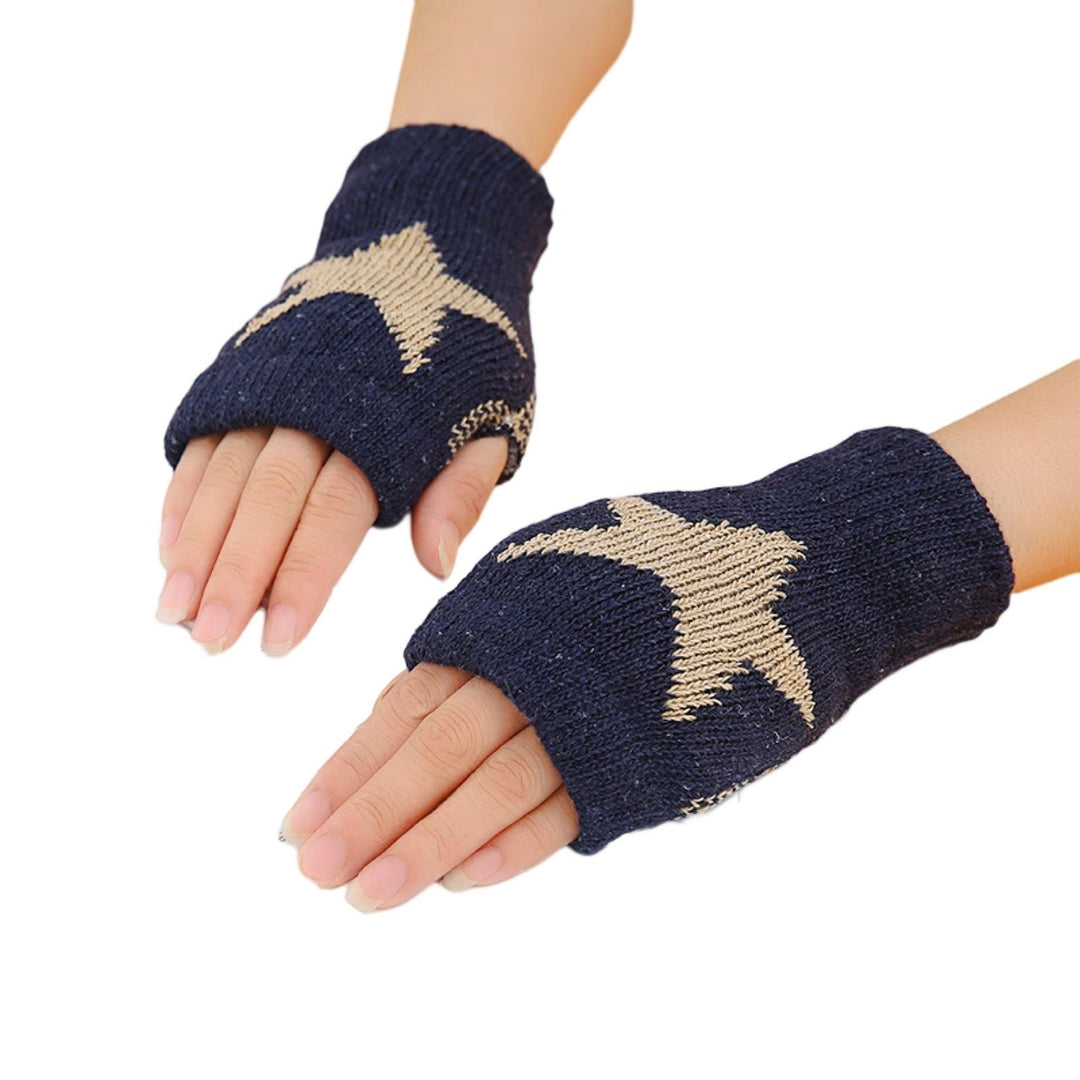 1 Pair Thumbhole Design Ribbed Trim High Elastic Knitted Gloves Unisex Winter Pentagram Print Fingerless Mittens Costume Image 11
