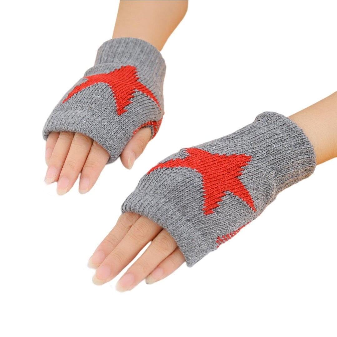 1 Pair Thumbhole Design Ribbed Trim High Elastic Knitted Gloves Unisex Winter Pentagram Print Fingerless Mittens Costume Image 1