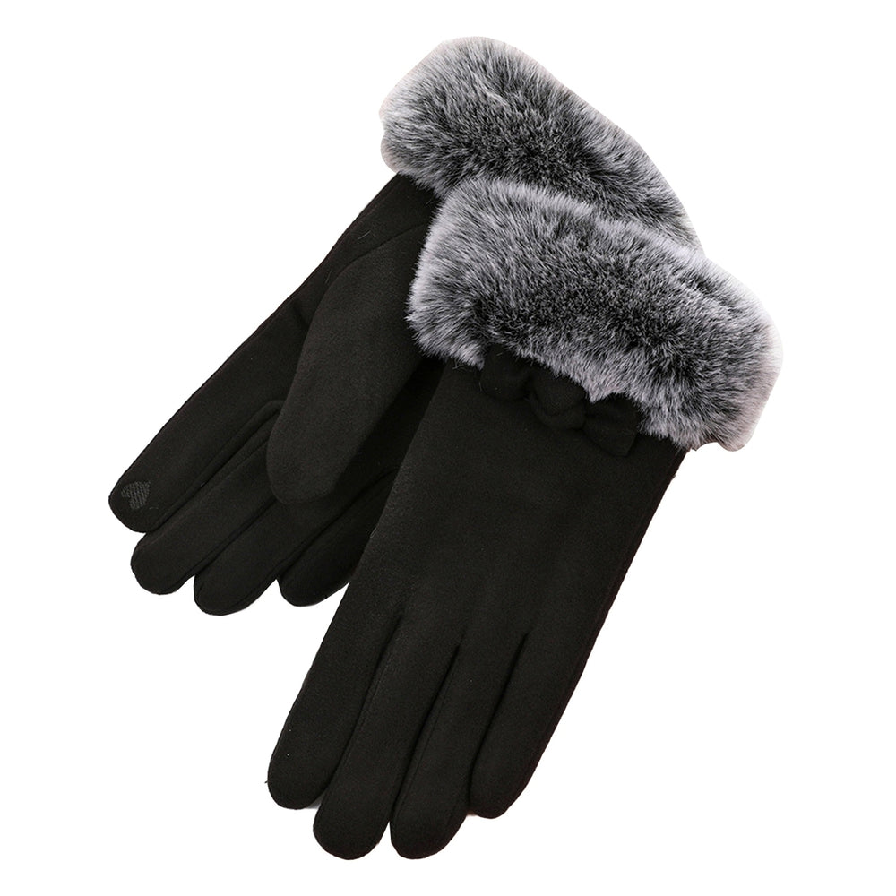 1 Pair Bowknot Decor Furry Cuffs Solid Color Women Gloves Autumn Winter Fleece Lining Touch Screen Driving Gloves Image 2
