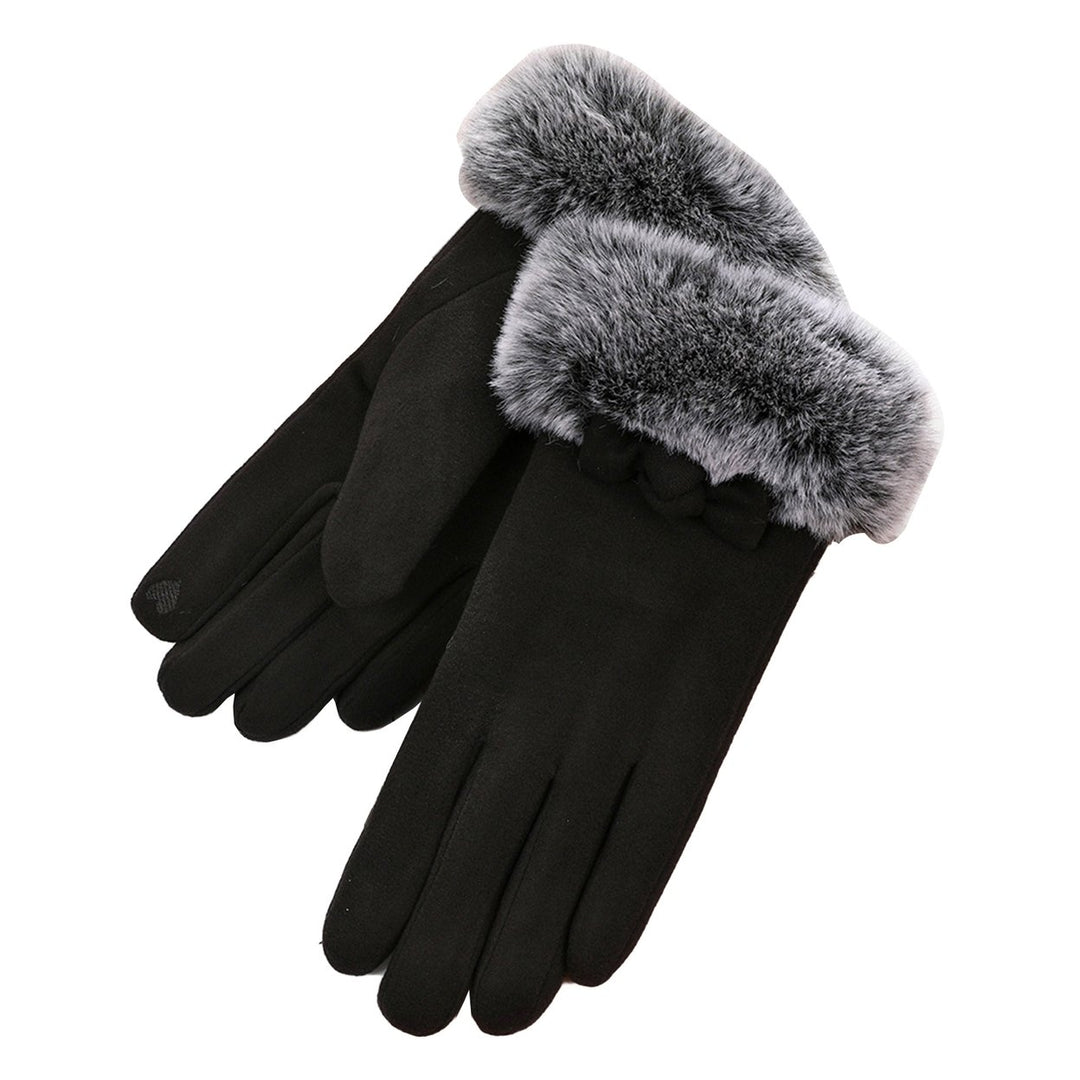 1 Pair Bowknot Decor Furry Cuffs Solid Color Women Gloves Autumn Winter Fleece Lining Touch Screen Driving Gloves Image 1