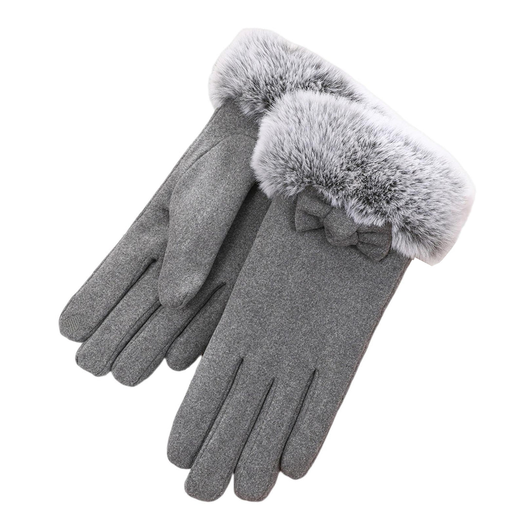 1 Pair Bowknot Decor Furry Cuffs Solid Color Women Gloves Autumn Winter Fleece Lining Touch Screen Driving Gloves Image 3