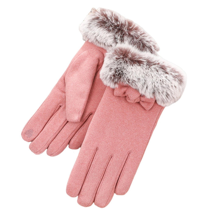 1 Pair Bowknot Decor Furry Cuffs Solid Color Women Gloves Autumn Winter Fleece Lining Touch Screen Driving Gloves Image 4