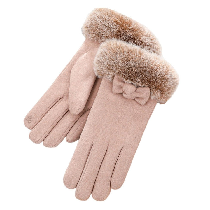 1 Pair Bowknot Decor Furry Cuffs Solid Color Women Gloves Autumn Winter Fleece Lining Touch Screen Driving Gloves Image 1