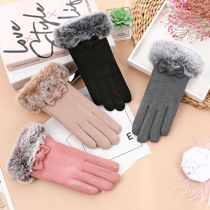 1 Pair Bowknot Decor Furry Cuffs Solid Color Women Gloves Autumn Winter Fleece Lining Touch Screen Driving Gloves Image 6