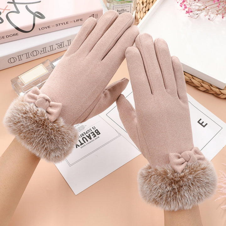 1 Pair Bowknot Decor Furry Cuffs Solid Color Women Gloves Autumn Winter Fleece Lining Touch Screen Driving Gloves Image 7