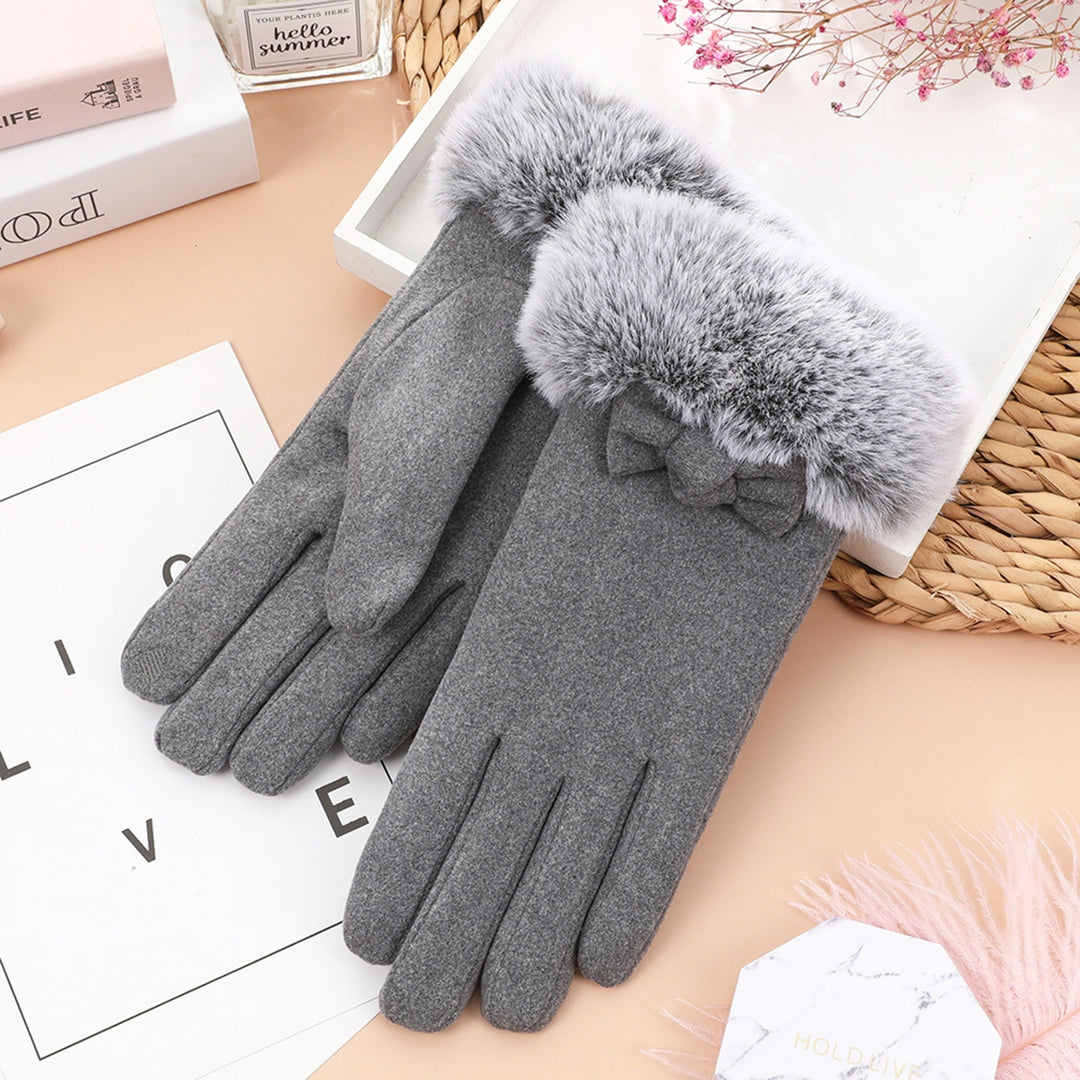 1 Pair Bowknot Decor Furry Cuffs Solid Color Women Gloves Autumn Winter Fleece Lining Touch Screen Driving Gloves Image 8