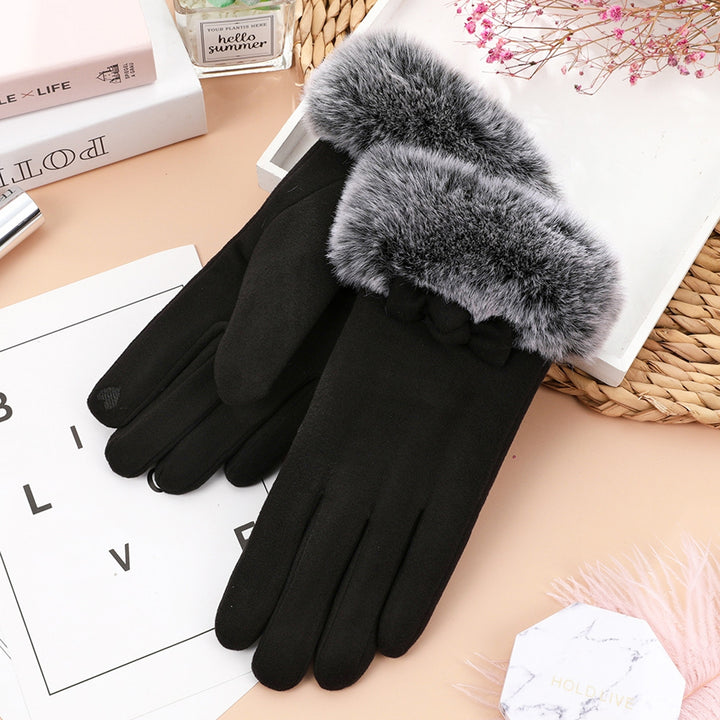 1 Pair Bowknot Decor Furry Cuffs Solid Color Women Gloves Autumn Winter Fleece Lining Touch Screen Driving Gloves Image 10
