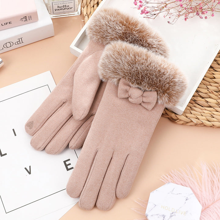 1 Pair Bowknot Decor Furry Cuffs Solid Color Women Gloves Autumn Winter Fleece Lining Touch Screen Driving Gloves Image 11