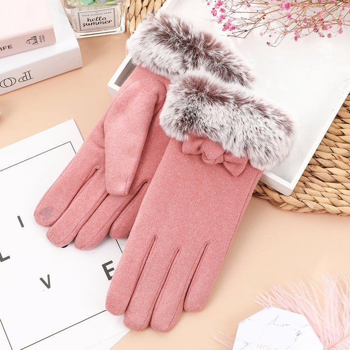 1 Pair Bowknot Decor Furry Cuffs Solid Color Women Gloves Autumn Winter Fleece Lining Touch Screen Driving Gloves Image 12