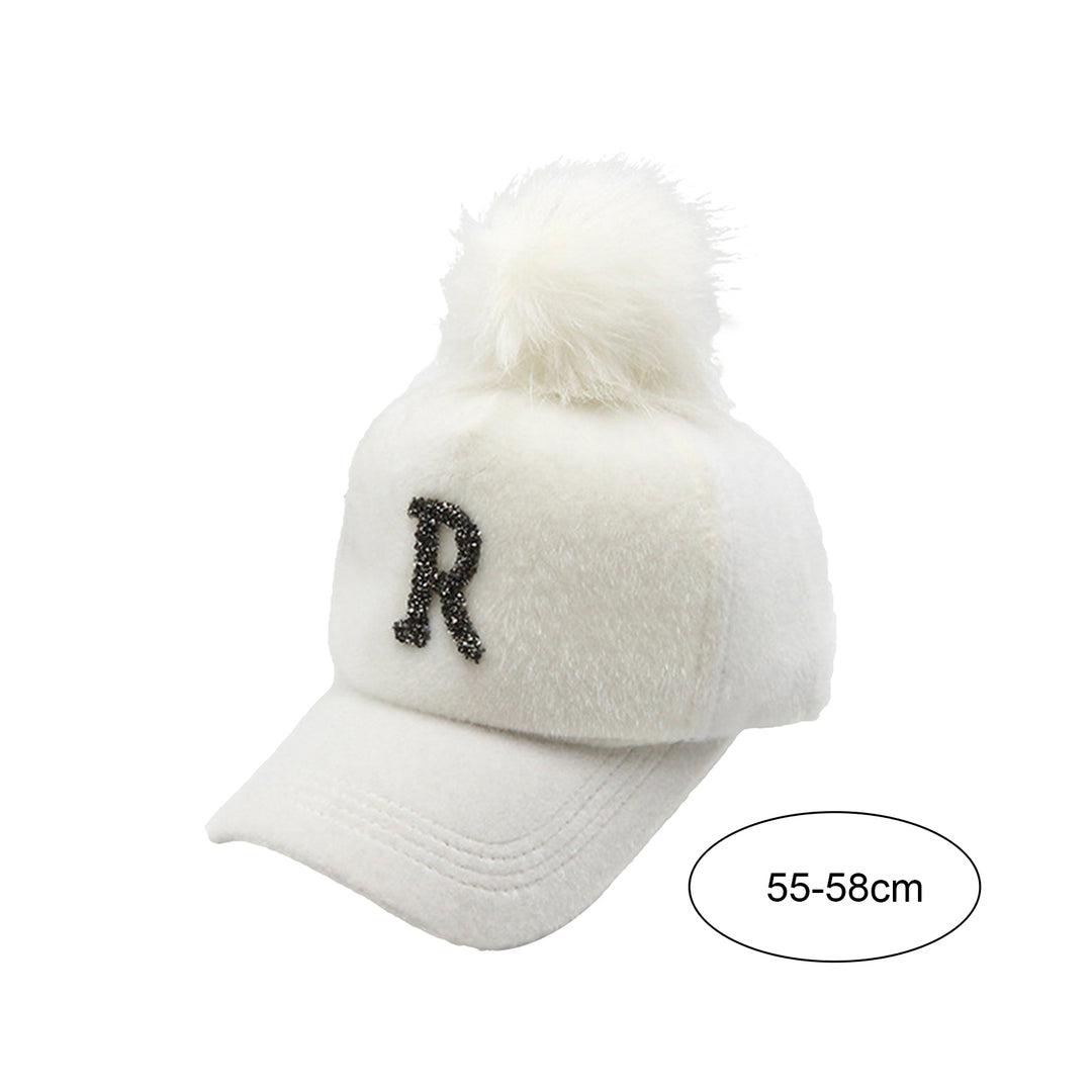 Rhinestone Letter Print Plush Ball Decor Adjustable Hook Loop Fasteners Baseball Hat Women Hip Hop Warm Fluffy Sun Hat Image 9