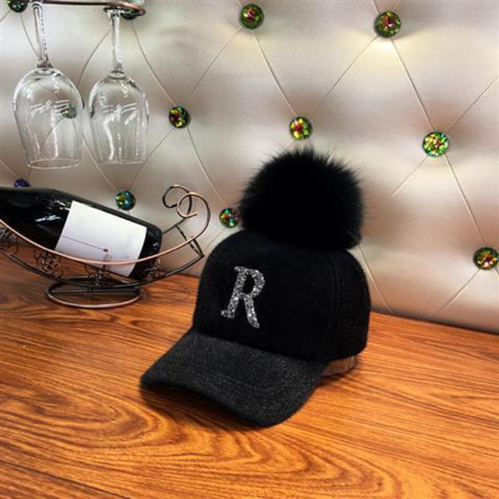 Rhinestone Letter Print Plush Ball Decor Adjustable Hook Loop Fasteners Baseball Hat Women Hip Hop Warm Fluffy Sun Hat Image 10