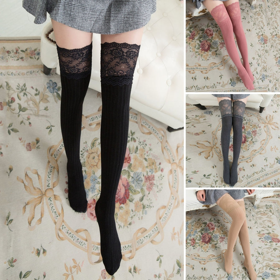 1 Pair Thigh High Stockings Knee Length Lace Stitching Solid Color Stretchy Super Soft Keep Warm Image 1