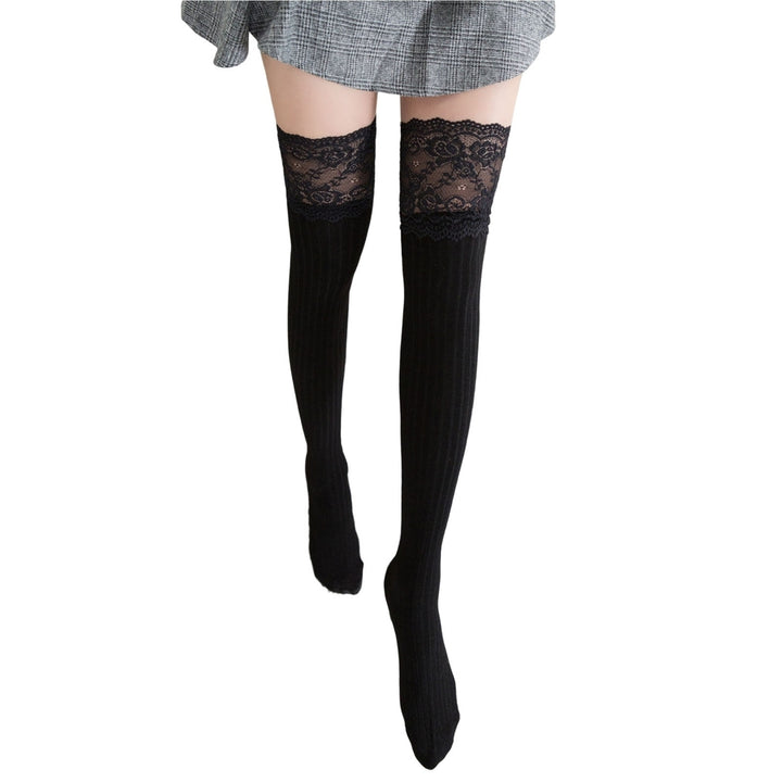 1 Pair Thigh High Stockings Knee Length Lace Stitching Solid Color Stretchy Super Soft Keep Warm Image 2