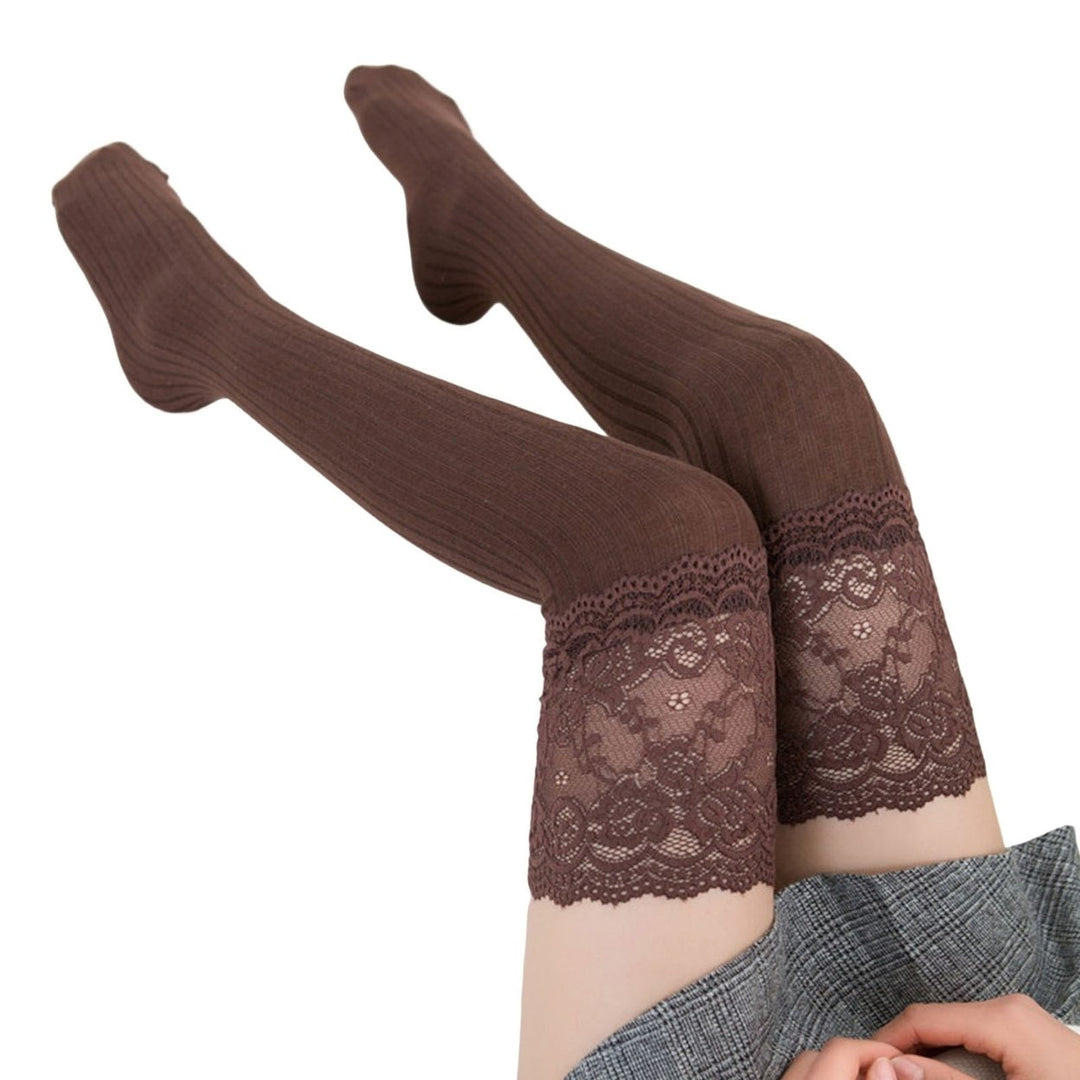 1 Pair Thigh High Stockings Knee Length Lace Stitching Solid Color Stretchy Super Soft Keep Warm Image 1