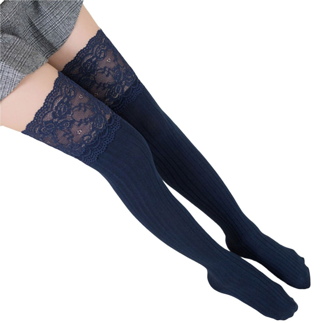 1 Pair Thigh High Stockings Knee Length Lace Stitching Solid Color Stretchy Super Soft Keep Warm Image 1