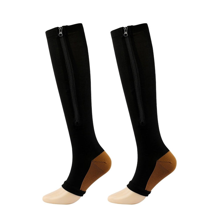 1 Pair Zipper Closure Solid Color High Elasticity Compression Socks Unisex Knee High Open Toe Support Stockings Health Image 1