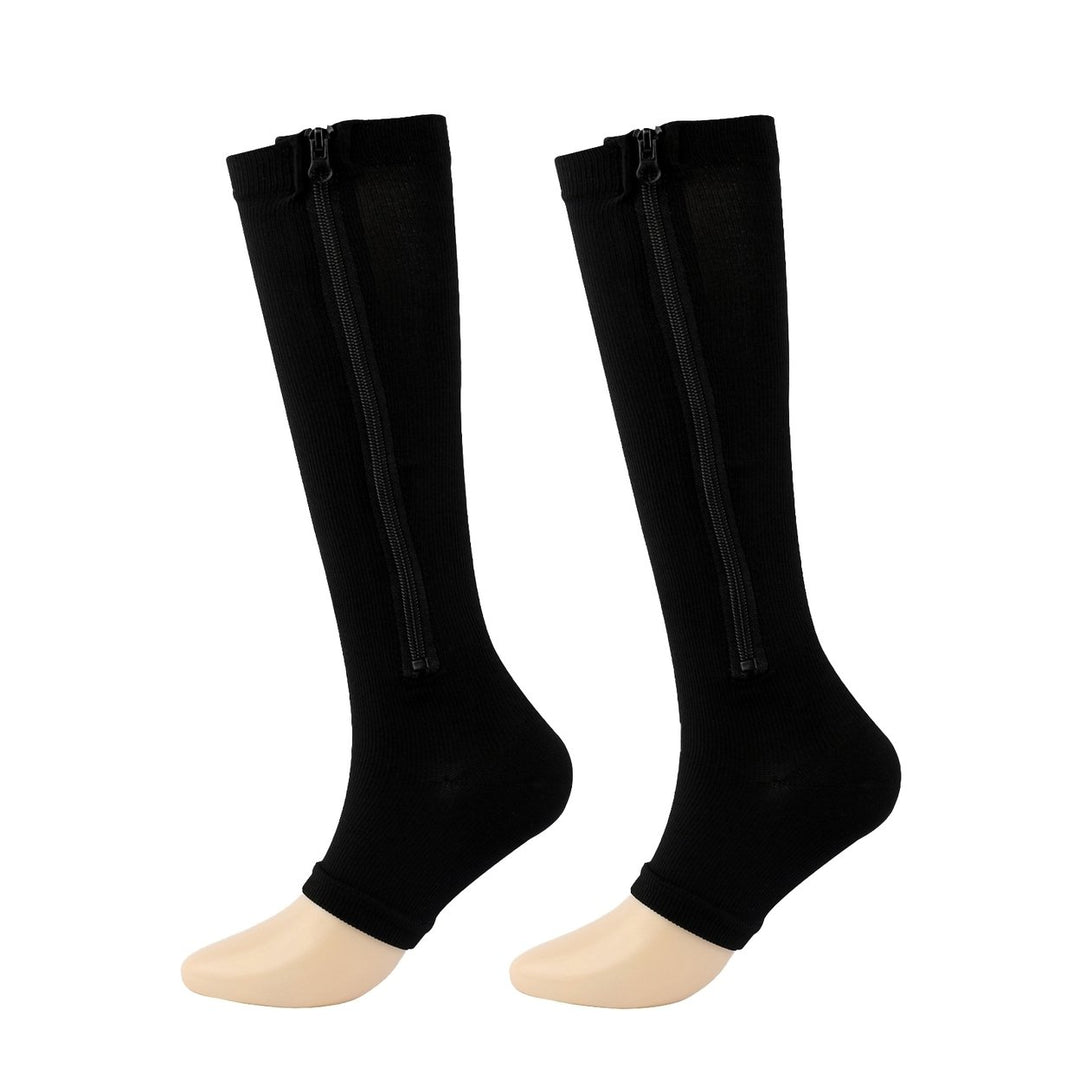1 Pair Zipper Closure Solid Color High Elasticity Compression Socks Unisex Knee High Open Toe Support Stockings Health Image 1