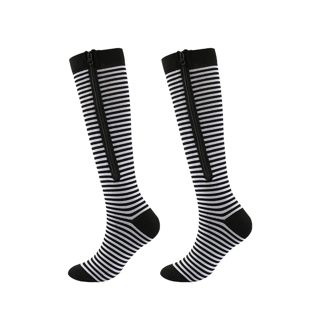 1 Pair Zipper Closure Solid Color High Elasticity Compression Socks Unisex Knee High Open Toe Support Stockings Health Image 1