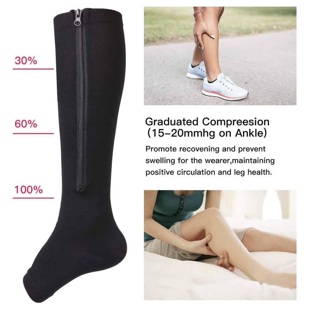 1 Pair Zipper Closure Solid Color High Elasticity Compression Socks Unisex Knee High Open Toe Support Stockings Health Image 9