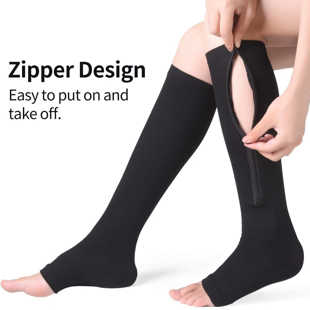 1 Pair Zipper Closure Solid Color High Elasticity Compression Socks Unisex Knee High Open Toe Support Stockings Health Image 10